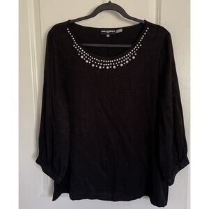 Karl Lagerfeld Womens XL Pearl Neck Black Pullover 3/4 Sleeve Blouse Top Classic